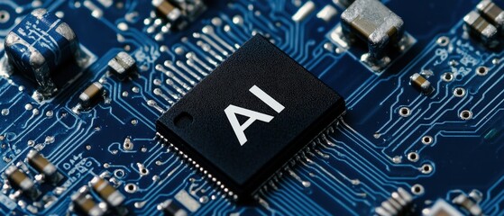 AI microprocessor on circuit board, technology innovation in artificial intelligence development with electronic components, digital data processing and machine learning.