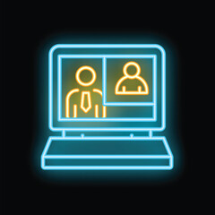 Neon style icon of a laptop screen showing a video conference taking place between colleagues