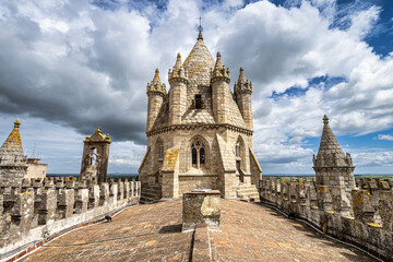 Gothic dome and roofs of Cathedral of Nossa Senhora da Assuncao in Evora. Portugal.