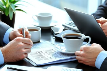 Business professionals collaborating over a document in a modern office setting, with laptops and coffee cups
