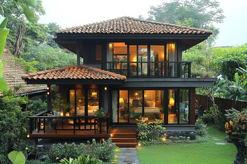 A modern tropical home nestled amongst lush greenery showcasing large windows and a tranquil atmosphere