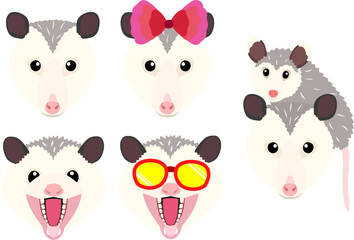 Opossum heads bundle, with and without ribbon and eyeglasses