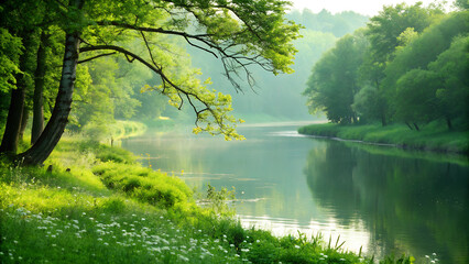 Fototapeta premium Green river in urban setting celebrating St. Patrick’s Day