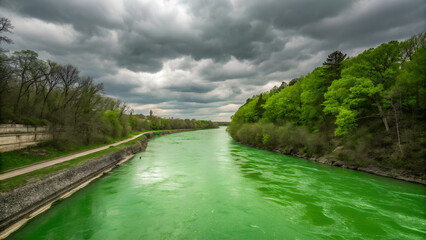 Fototapeta premium Green river in urban setting celebrating St. Patrick’s Day