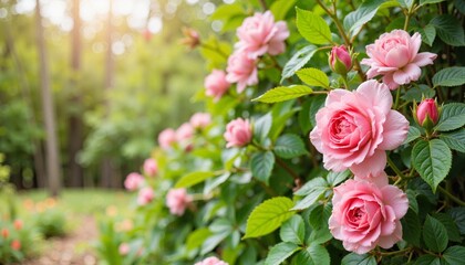 Pink roses blooming in lush garden background