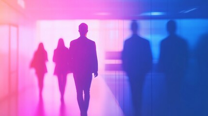 Fototapeta premium Amidst the dynamic energy of a bustling city, silhouetted figures navigate their way through the urban landscape, illuminated by vibrant lighting effects as the evening commute reaches its peak