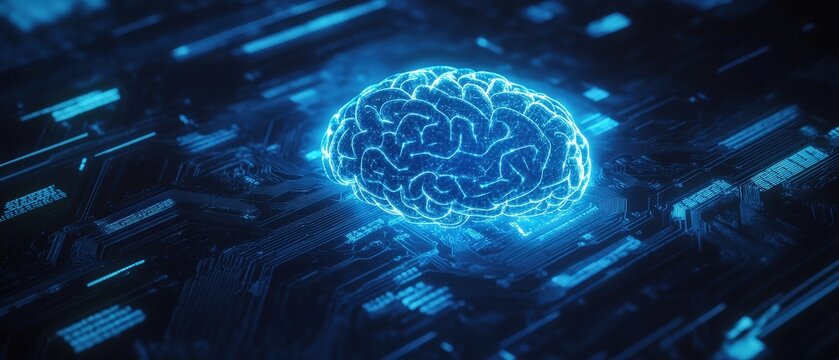 Brain illustration with blue glowing effects on digital background, representing artificial intelligence, machine learning, and data processing in technology.