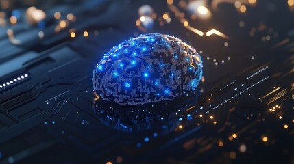 Brain model with digital circuits and glowing connections on a dark background representing artificial intelligence, neural networks, and future technology concepts.