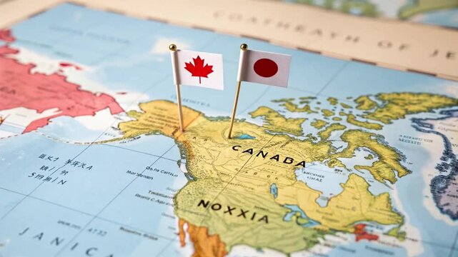 Canadian and Japanese Flags Together on a map, Representing Friendship, Cooperation, and Cultural Exchange.