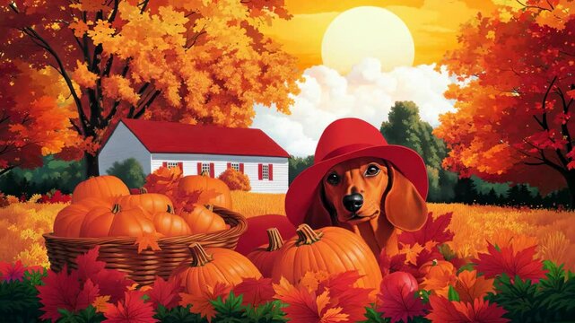 Adorable Dog with Hat Surrounded by Pumpkins in Autumn Landscape