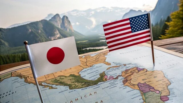 American and Japanese Flags Positioned on a World Map, Symbolizing Geopolitical Relations and Mutual Cooperation.