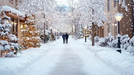 Couple strolling snow-covered street, winter lights, holiday season, romantic getaway