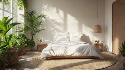 Inviting and Cozy Bedroom Featuring Plush Bed Surrounded by Lush Green Plants and a Bright Window Allowing Natural Light to Fill the Space Creating a Relaxing Atmosphere for Rest