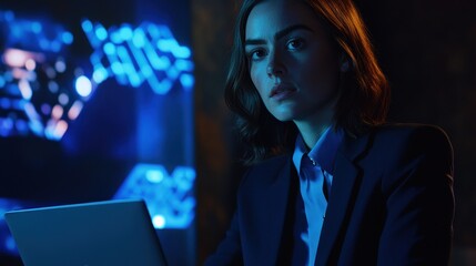 Business professional analyzing data on laptop in dark office environment, surrounded by financial charts and graphs, focused on stock market trends and insights.