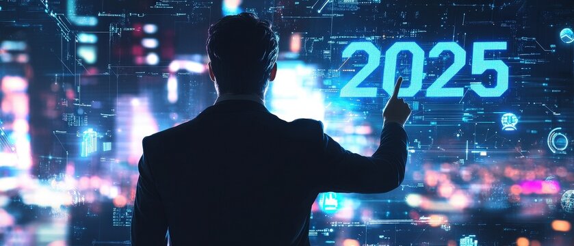 Business professional analyzing digital projections for the year 2025, discussing growth strategies and technology trends in urban financial markets at night.