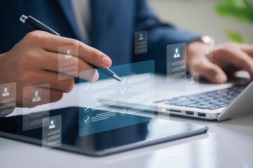 HR selective recruitment process featuring a professional analyzing candidate profiles with...