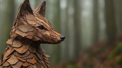 Obraz premium Wooden fox sculpture in a misty forest setting.