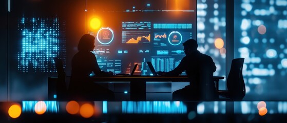 Business professionals collaborating in a modern office with data analysis on screens, focusing on finance, technology trends, and investment strategies at night.