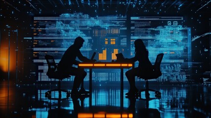 Business professionals discussing data analytics and digital strategy at a high-tech conference table in a futuristic office environment. Collaboration, insights, and innovation.