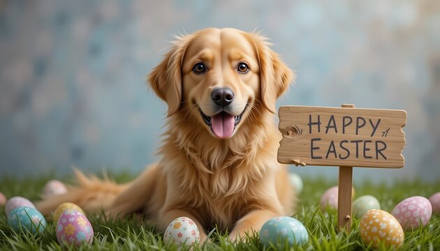 Adorable Golden Retriever Puppy Posing with Easter Eggs and a Happy Easter Sign in a Spring Meadow