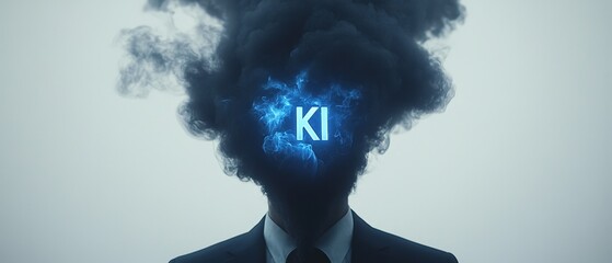 Businessman in suit with glowing brain symbol surrounded by smoke, representing artificial intelligence and innovation in technology, future, and creativity in corporate.