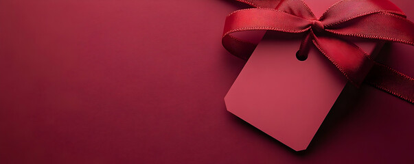 Red gift tag, ribbon, maroon background