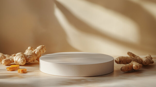 White circular podium, surrounded by turmeric and curcumin on a soft beige background.