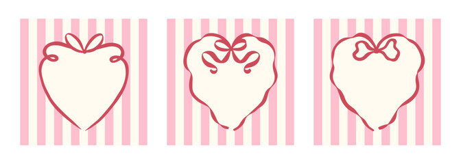 Three coquette aesthetic heart frame with bow, ribbons and striped background. Hand drawn girlhood design templates for Valentines day, wedding, social media, poster, cover, postcard