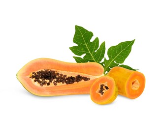 ripe papaya fruit with seeds isolated on white background. full depth of field