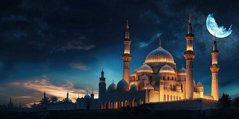 Obraz premium Mosque against the night sky on the right, with space for copying text. Advertising banner for the holy holiday of Ramadan