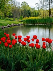 Obraz premium Red Tulips by Pond
