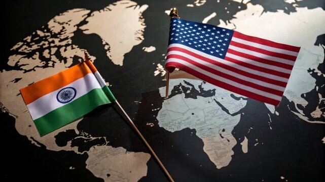 American and Indian Flags Positioned on a Map, Representing Geopolitical Relations and Cultural Exchange