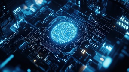 Circuit board, blue glowing microchip, technology and digital innovation concept with data processing, AI development, and advanced computing systems.