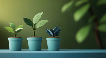 Potted plants of various sizes arranged on a table in a calm indoor setting with green hues and soft lighting