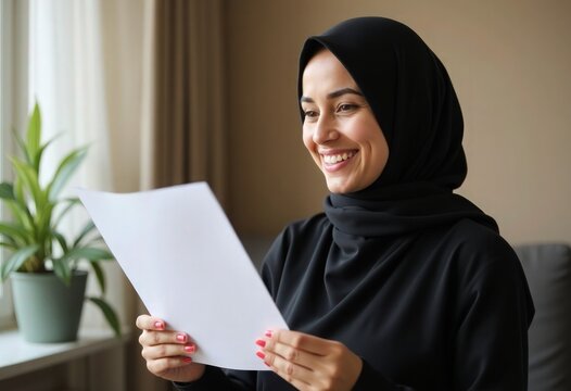 Young Muslim woman with black hijab headscarf excitedly reading university acceptance letter
