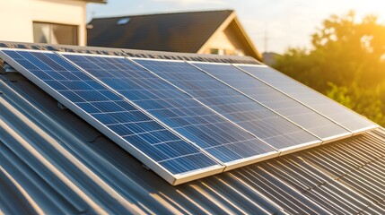 Obraz premium Eco-Friendly Urban Home with Integrated Solar Panels on Rooftop