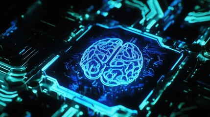 Circuit board with glowing brain design illustrating artificial intelligence and technology integration, representing innovation, data processing, and futuristic concepts.
