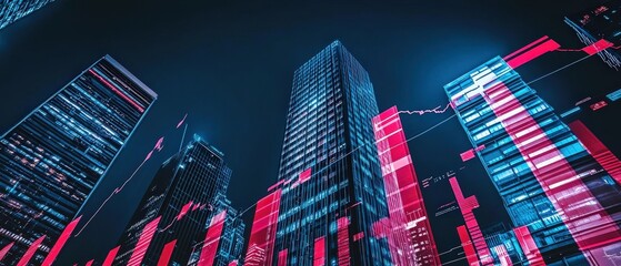 City skyline at night with digital financial data overlay representing market trends, investment opportunities, and stock trading analysis in urban setting.