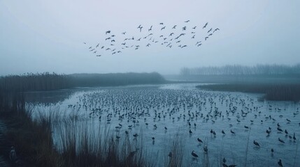 A large flock of birds gathers in a misty wetland, some in flight others standing in the water