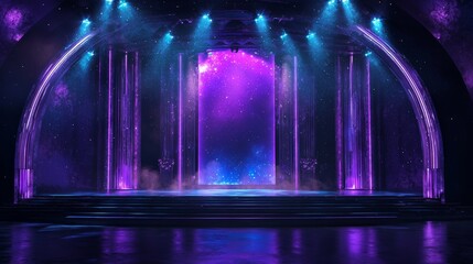 The stage is set in vibrant hues, illuminated by enchanting purple lights, complemented by a stunning cosmic backdrop. This captivating combination creates a mesmerizing atmosphere, elevating the perf
