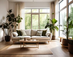Bright and Airy Minimalist Living Room with Beige Sofa and Green Potted Plants