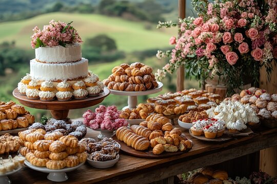 A delightful dessert table with a tiered wedding cake an array of pastries and pink flowers
