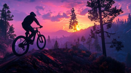 Obraz premium Mountain Biker Silhouetted Against Vibrant Sunset Landscape