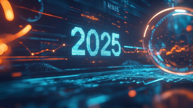 Digital animation of the year 2025 with glowing numbers and futuristic technology, representing advancements in artificial intelligence and data analysis.