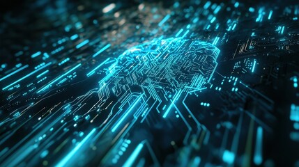 Digital brain design with glowing circuits and data streams symbolizing artificial intelligence, technology innovation and advanced computing concepts.