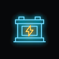 Blue neon car battery icon glowing on dark background
