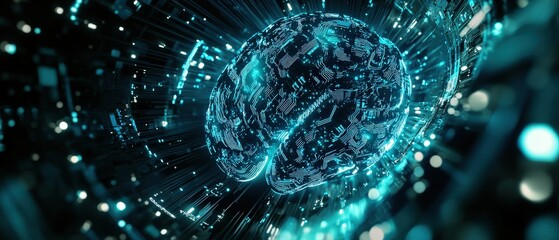 Digital brain visualization with data streams, representing artificial intelligence, technology development, neural networks, and advanced analytics. Futuristic concept.