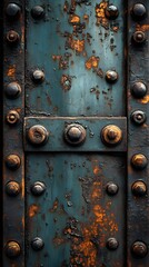 Fototapeta premium A background of riveted metal plates in a weathered industrial setting.