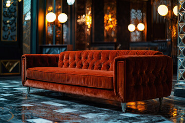 Fototapeta premium Luxurious velvet sofa in a glamorous Art Deco interior with bold geometric patterns and ornate lighting
