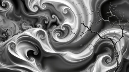 Abstract juxtaposition of swirling patterns and delicate branches creates a captivating monochrome landscape